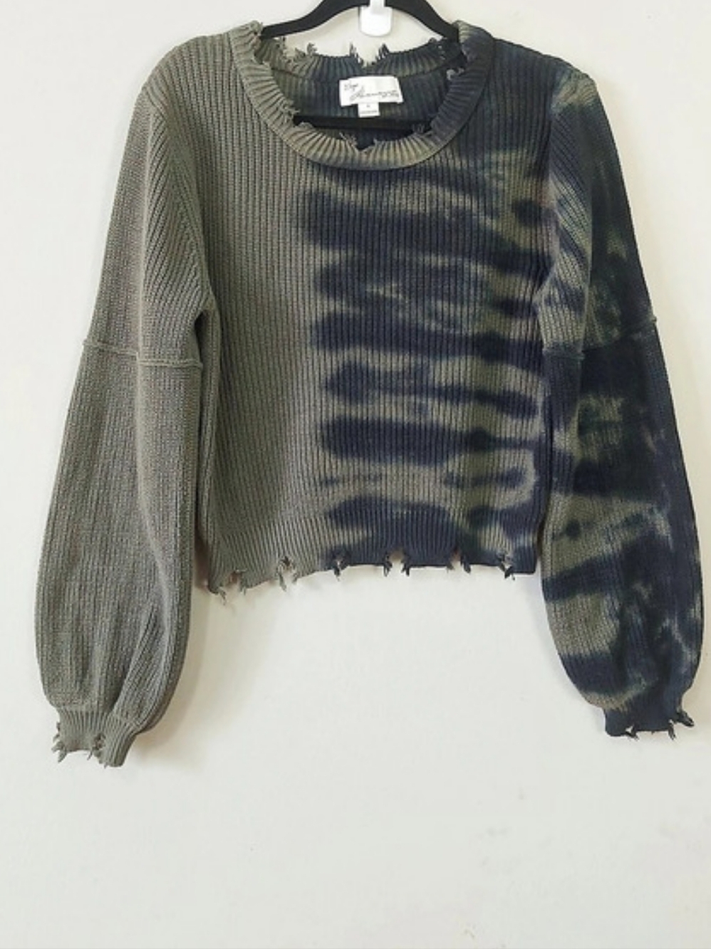 Vintage Havana Women Tie Dye Cotton Ribbed Knit Cropped Sweater Small Green Gray